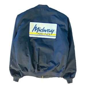 Vintage Red Kap Midway Airlines Jacket Mens Large Navy Blue Bomber Made in USA